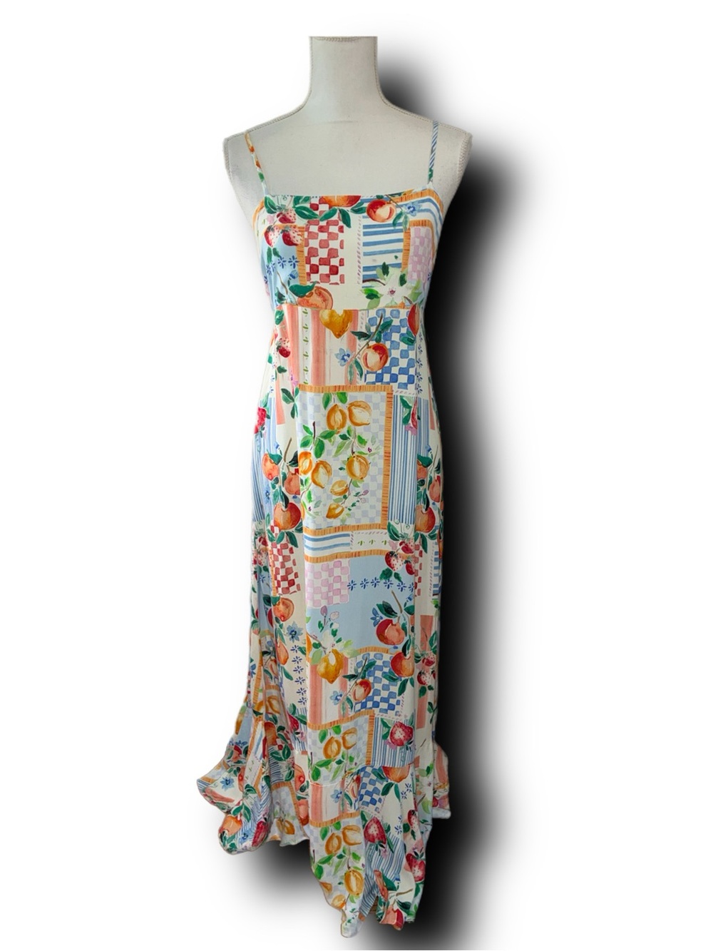 Anthropologie Paper Hearts Sunburst Fruit Patchwork Maxi Dress with Back Cut-Out